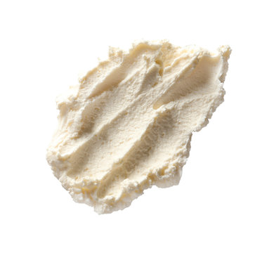 Fototapeta Smear of tasty cream cheese on white background, top view