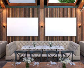 Mock up poster frame in cafe interior background, Modern outdoor bar restaurant, 3D render