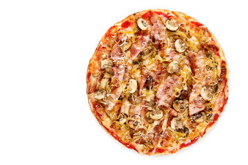 Pizza pancetta, top view on white