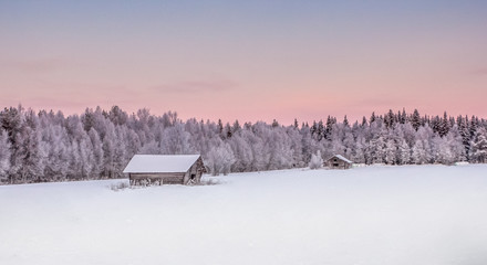 Winter landscape, house in the forest.