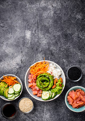 Hawaiian poke bowl with salmon, rice and vegetable