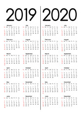2019 and 2020 Calendars isolated on a white background