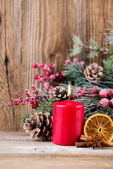 Christmas greeting card. Festive decoration on wooden background. New Year concept. Copy space.  Flat lay. Top view.
