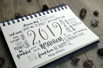 2019 RESOLUTIONS brush calligraphy in notebook with pine cones on wooden background