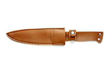 brown leather scabbard of a knife isolated on white background.