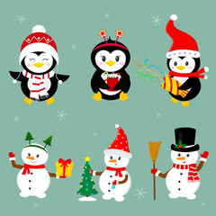 New Year and Christmas card. Set of three penguins and three snowmen characters in different hats and poses in winter. Christmas tree, gifts, confetti. Cartoon style, vector