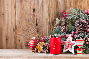 Christmas greeting card. Festive decoration on wooden background. New Year concept. Copy space.  Flat lay. Top view.