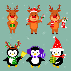 New Year and Christmas card. A set of three penguins and three deer characters in different hats and poses in winter. Box with a gift, candy, sock, bell. Cartoon style, vector