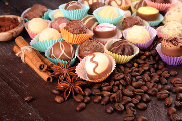 a lot of variety chocolate pralines, belgian confectionery gourmet chocolate.