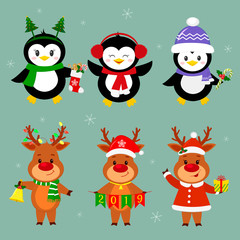 New Year and Christmas card. A set of three penguins and three deer characters in different hats and poses in winter. Box with a gift, candy, sock, bell. Cartoon style, vector