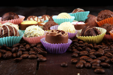 a lot of variety chocolate pralines, belgian confectionery gourmet chocolate.