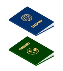 Two passports in isometric style on a white background. Vector illustration of official identity card for travel and residence, emigration and residence permit. Identity document sign