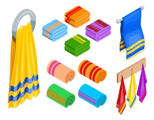 Set of different towels in isometric style on a white background. Hygiene items, bath accessories. Vector illustration. Icons of body care, sauna, spa, massage.