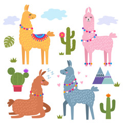 Funny llama alpaca with mountains and cactus. Children's background for print on textiles, T-shirt, stickers, greeting cards, laptops. flat vector