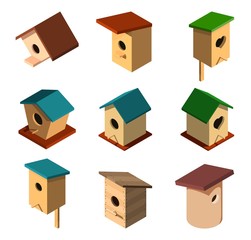 Set of volumetric birdhouses in isometric style on a white background House for the birds. Caring for nature and fauna Design of various birdhouses Vector illustration of a collection of nesting boxes - 236165053