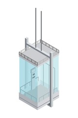 Image of a steel and glass panoramic elevator with transparent windows in isometric style on a white background Element of the building structure  lifting people to the floor Vector illustration
