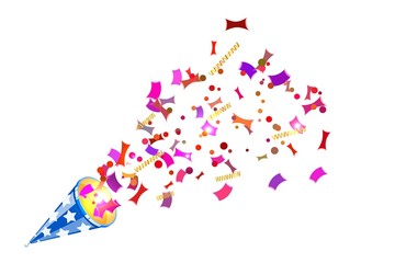 Bright party cracker with kofetti in isometric style on a white background. Exploding slapstick for a holiday, party, congratulations and birthday. Vector illustration of popper