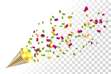 Bright party cracker with kofetti in isometric style on a transparent background. Exploding slapstick for a holiday, party, congratulations and birthday. Vector illustration of popper