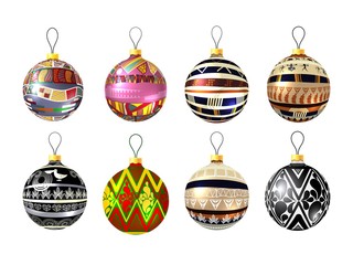 Set of unusual Christmas balls on a white background. Christmas decorations for the tree with tribal pattern. Ethnic toy for the holiday. Collection of vector illustrations of glass ornaments