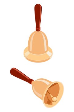 Two classic gold bells with a wooden handle on a white background in isometric style. Vector illustration