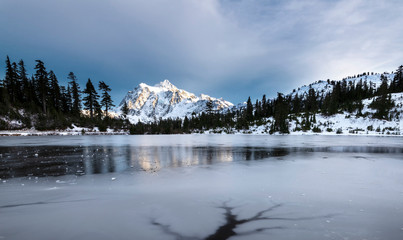 Mt Shuksan as seen from frozen Picture Lake.