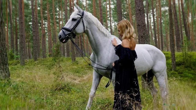 Beautiful woman in evening dress hugging with a horse in forest