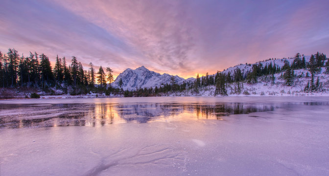 Mt Shuksan as seen from frozen Picture Lake.