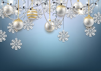 Glitter gold and silver snowflakes and fir tree branches, Merry Christmas Happy New Year background, vector illustration