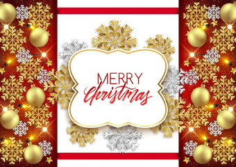 Fototapeta na wymiar Merry Christmas Happy New Year decorative postcard, shiny baubles glitter snowflakes background, vector illustration