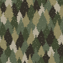 Seamless pattern with forest landscape, camouflage colors