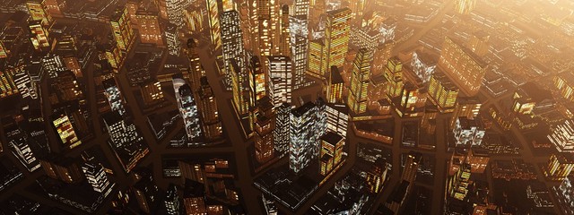 Modern city from the altitude, Skyscrapers in the fog, Top view,   © ustas