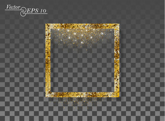 Golden abstract square with falling sparkling dust on transparent isolated background. Vector frame for new year, Christmas. Decorative element with the possibility of overlay.