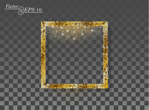 Golden abstract square with falling sparkling dust on transparent isolated background. Vector frame for new year, Christmas. Decorative element with the possibility of overlay.
