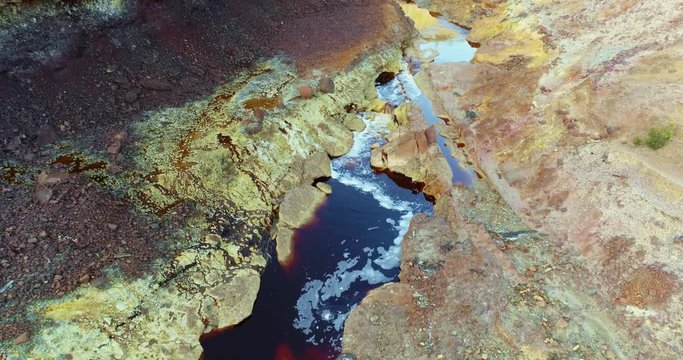 Rio Tinto river in Huelva Spain. This red colored river is highly acid and pollutes because of the open mining in the area.