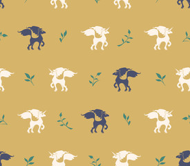 Seamless pattern of dark horses and white unicorns and green twigs on a golden beige background. Flat vector graphics for design.