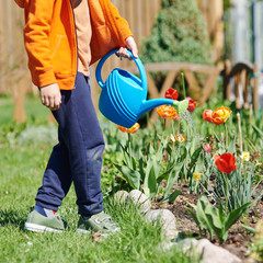 European boy is helping hia mum to water the flowers in the garden.