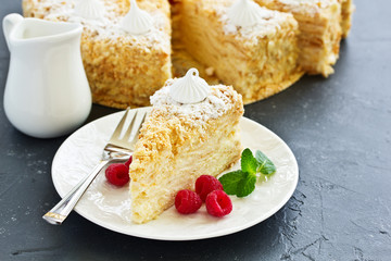 Napoleon cake. selective focus,