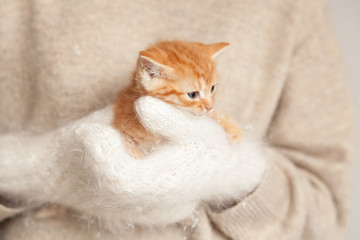Woman in warm cosy mittens holding cute red kitten
