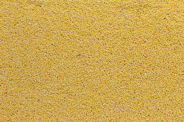 Fototapeta premium Yellow dry uncooked millet background, top view, vertical