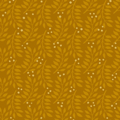 Seamless Floral Pattern. Fashion textile pattern with decorative branches on mustard background. Vector illustration