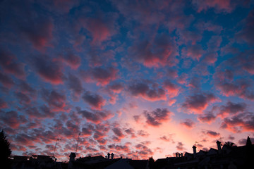 urban silhouette and dramatic skies with cirrocumulus clouds at dusk,