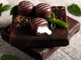 Delicious chocolate truffle with mint cream inside