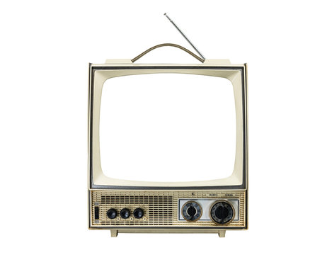 Grungy vintage portable television isolated on white with cut out screen.