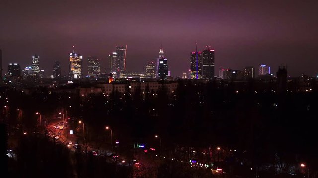 4k time lapse of Poland traffic to city center. Warsaw landscape in night time.