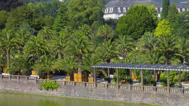 Beautiful Park with green Palms and pond