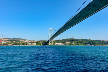 View of the historic city of Istanbul and its buildings and bridge on the banks of the Bosphorus