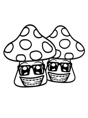 team 2 freunde paar nerd hornbrille geek gesicht lustig schlau intelligent freak pilz fliegenpilz rot punkte essen giftig lecker hunger drogen trip wald sammeln kochen clipart design comic cartoon