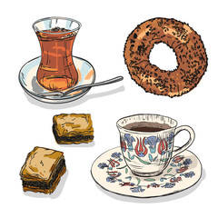 Drawing national turkish food with coffee, tea cup, simit and baklava. Hand drawn traditional turkey bavarages and bagels.