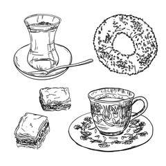 Drawing national turkish food with coffee, tea cup, simit and baklava. Sketch with traditional turkey bavarages and bagels.