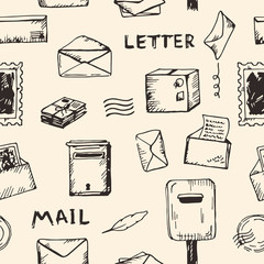 Drawing vintage seamless pattern with mailing objects and tools. Vintage sketched background with envelopes, letters, postage and box.